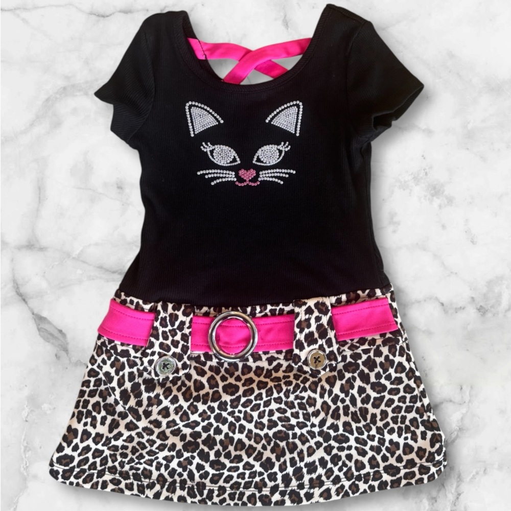 Lilt Black Cat Dress with Leopard Skirt and Pink Accents